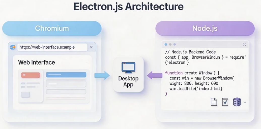 placeholder: 一张示意图,展示 Electron 的架构:Chromium(负责 UI 渲染)+ Node.js(负责系统访问)= 桌面应用