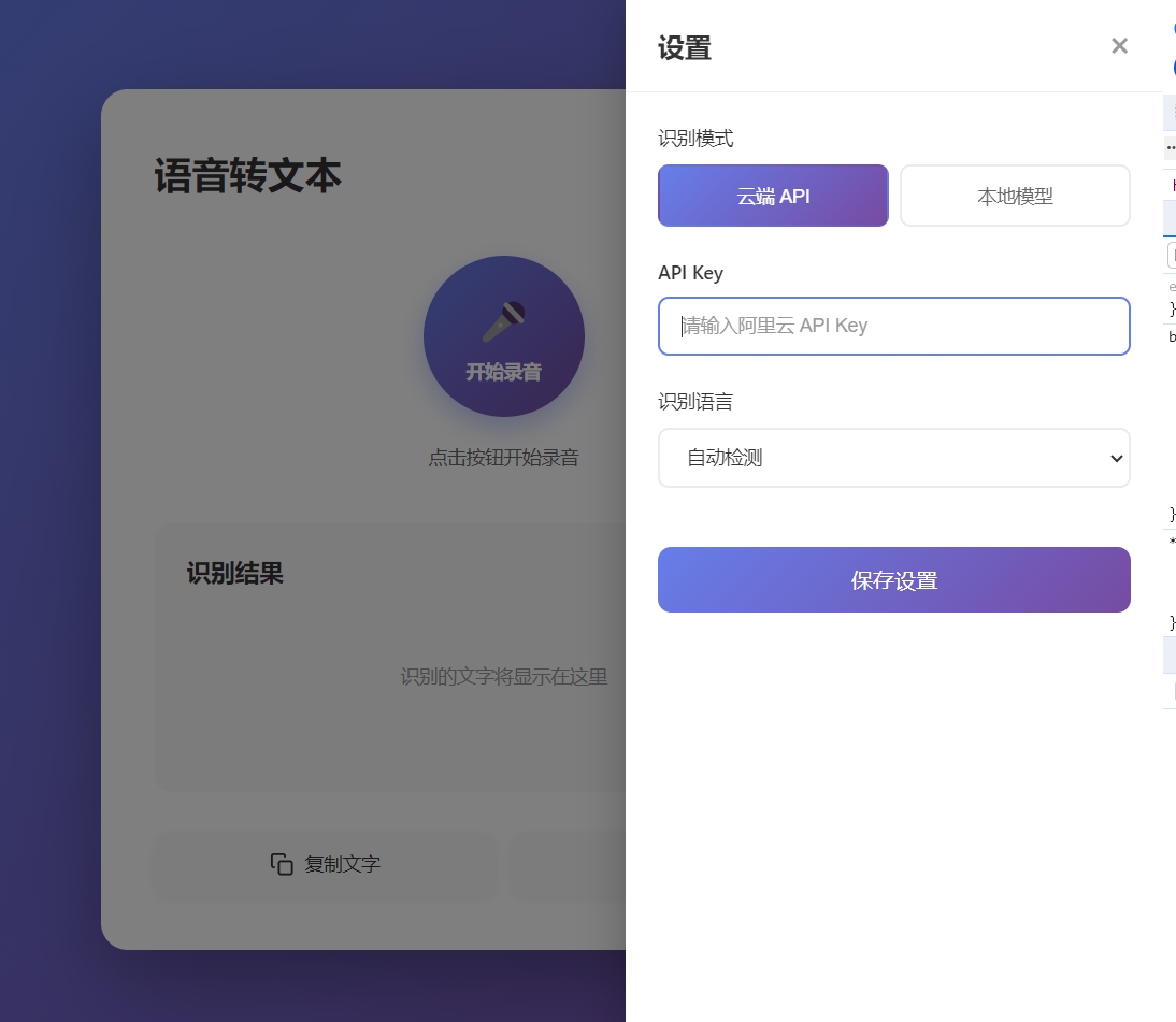 placeholder: 设置面板展开的截图,展示模式切换开关和 API Key 输入框
