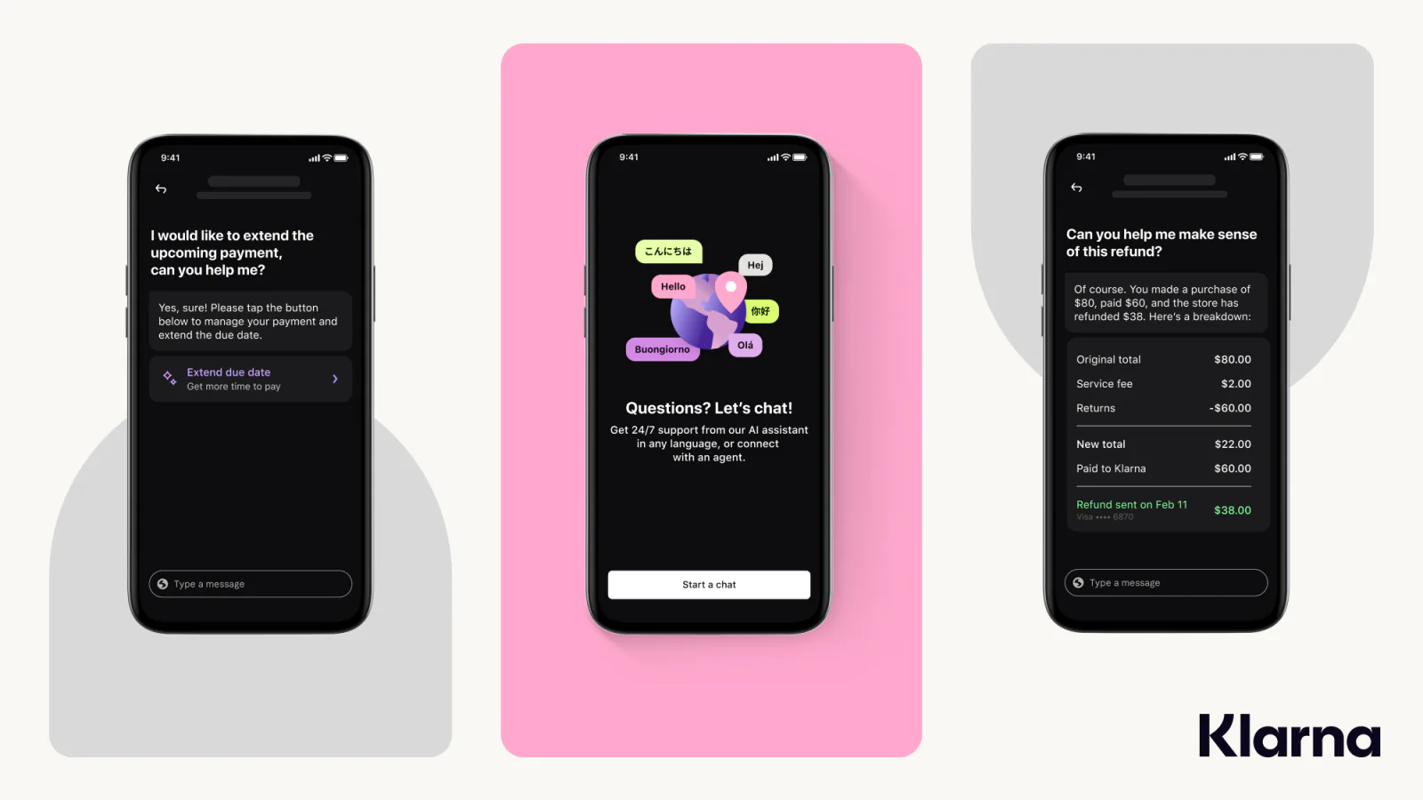 Klarna AI Assistant 的延期付款、多语言客服与退款解释界面