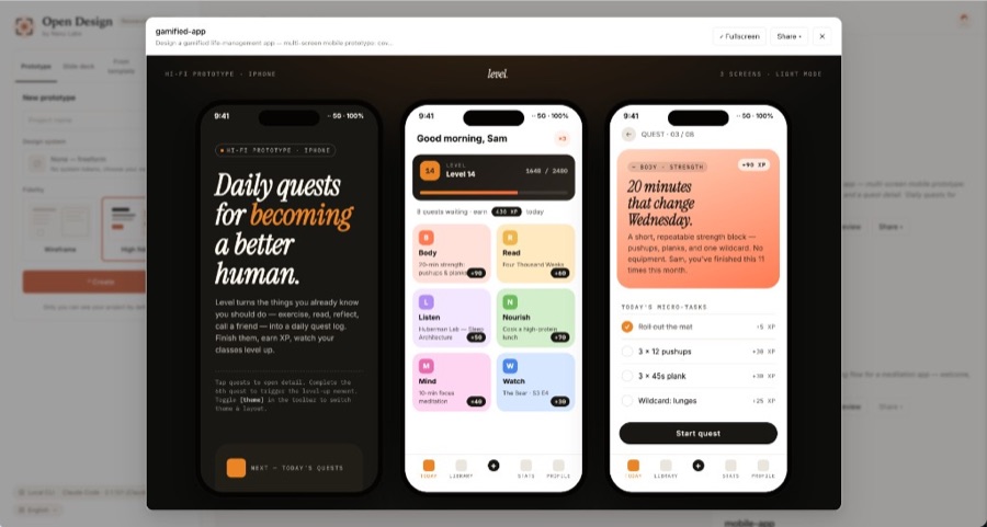 真实生成案例:游戏化生活管理 App(Level)——3 屏并排预览,包含每日任务首页、任务分类仪表盘、任务详情页,浅色模式,彩色卡片