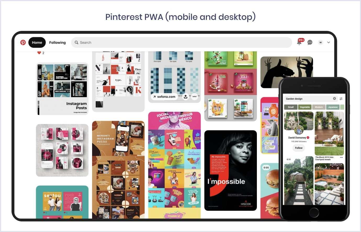 Pinterest PWA 在桌面和手机上的界面